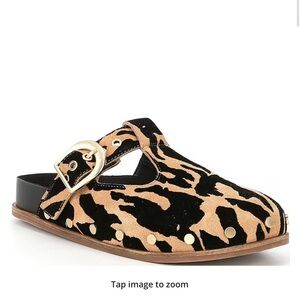 Chelsea & Violet Black and Tan Mules with Gold Buckle